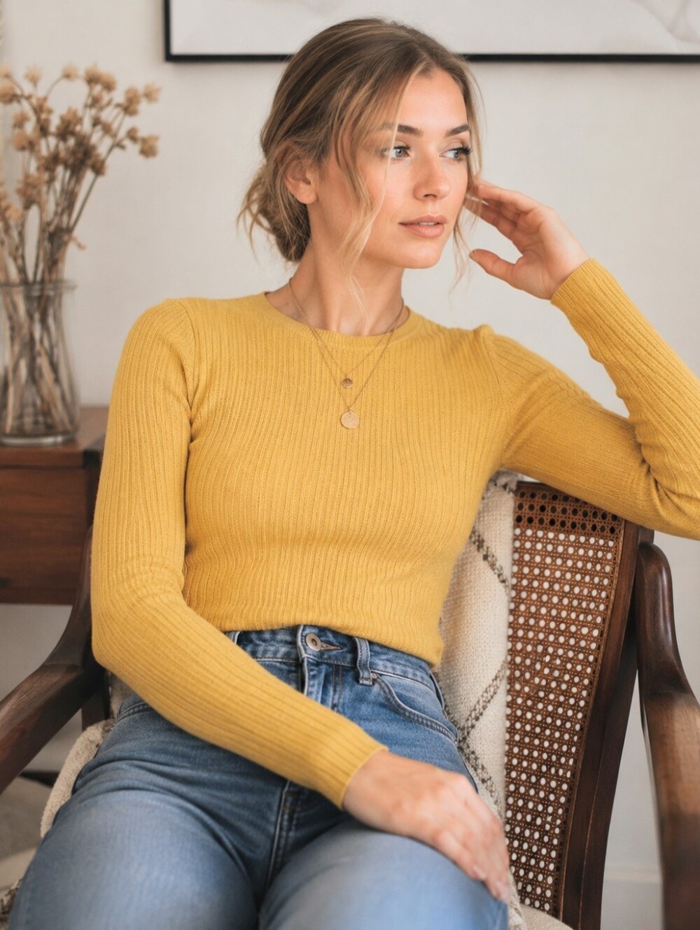 Calliope Mustard Rib Knit Crew Neck Sweater Size S Minimalist Capsule Wardrobe